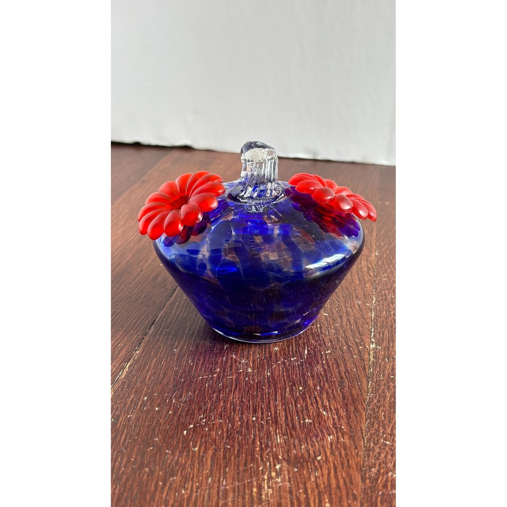 Hand Blown Glass Hummingbird Feeder Cobalt Blue Confetti Red Flower Port Hanging